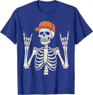 Rocker Skeleton Rock On Hand Halloween Skeleton Men Boys Kid T-Shirt - T-Shirt | Royal