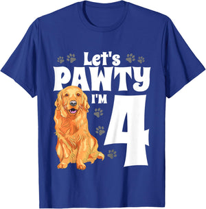 Kids 4 Year Old Golden Retriever Dog Birthday Pawty Dogs 4th Gift T-Shirt - T-Shirt | Royal
