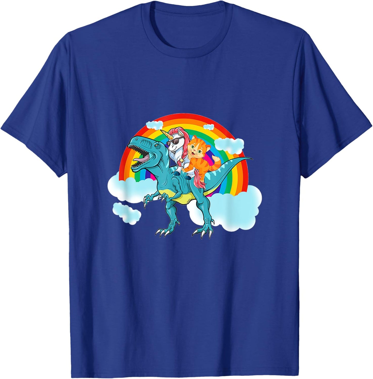 Unicorn Riding Dinosaur Rex Cat Kitten Boys Girls Kids T-Shirt - T-Shirt | Royal