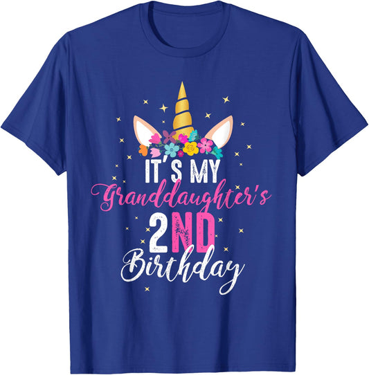 Its My Granddaughters 2nd Birthay Girl Unicorn Birthday T-Shirt - T-Shirt | Royal