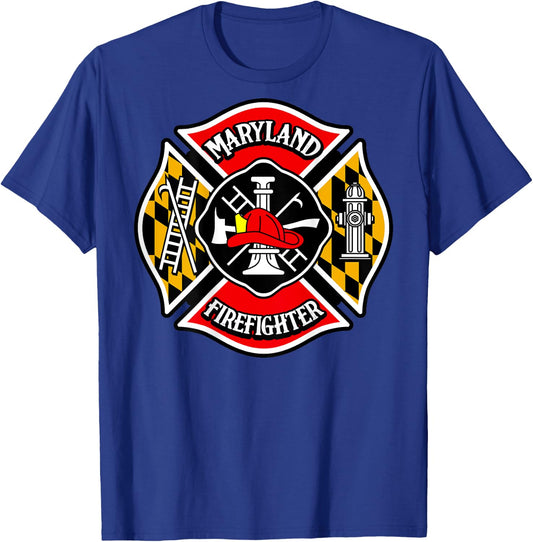Maryland Firefighter Shirt Emblem Maltese Cross Men Gift T-Shirt - T-Shirt | Royal