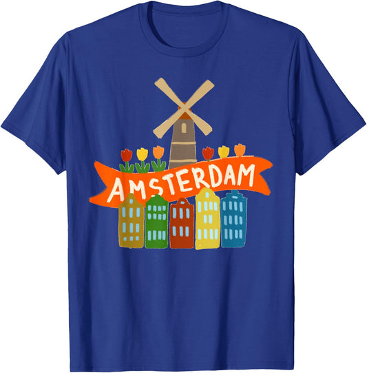 Amsterdam Windmill Tulips Houses Holland Netherlands T-Shirt - T-Shirt | Royal