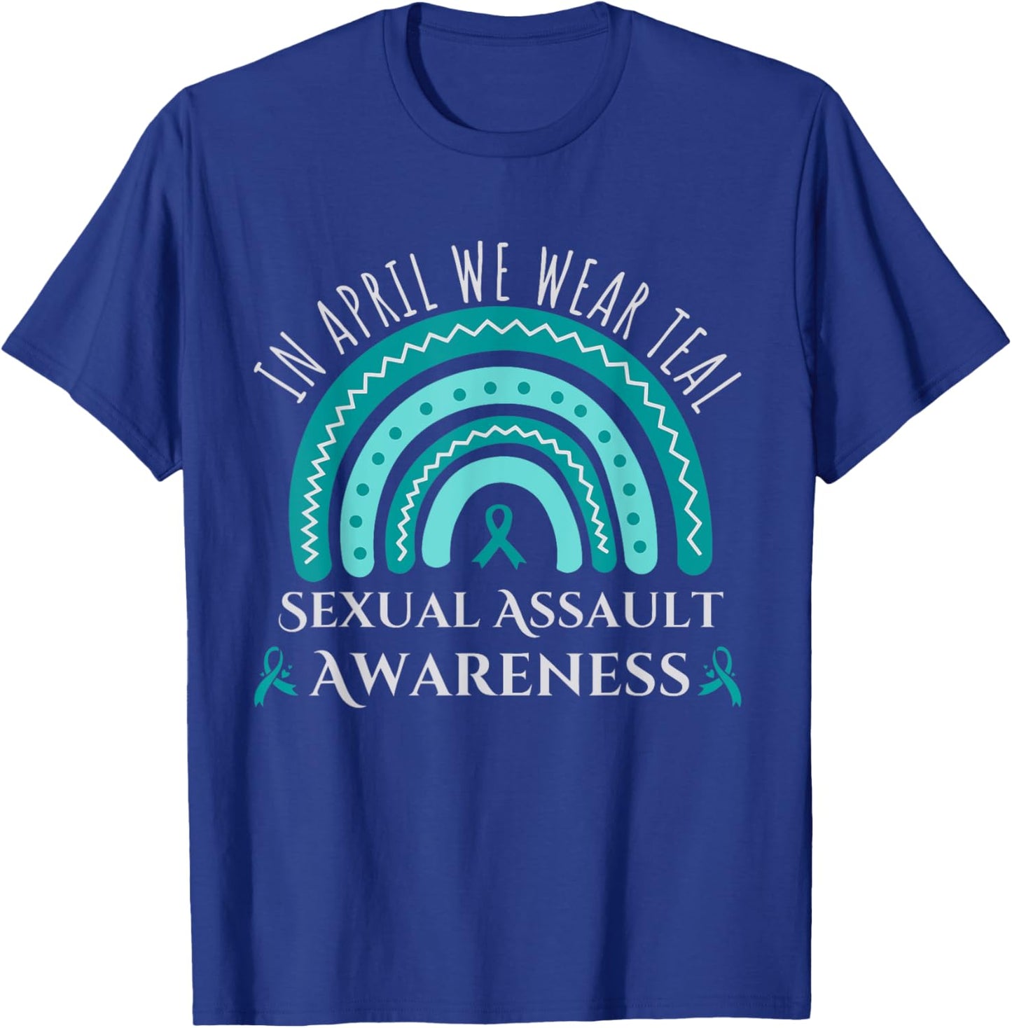 Sexual Assault Awareness Month Rainbow Teal Ribbon Support T-Shirt - T-Shirt | Royal