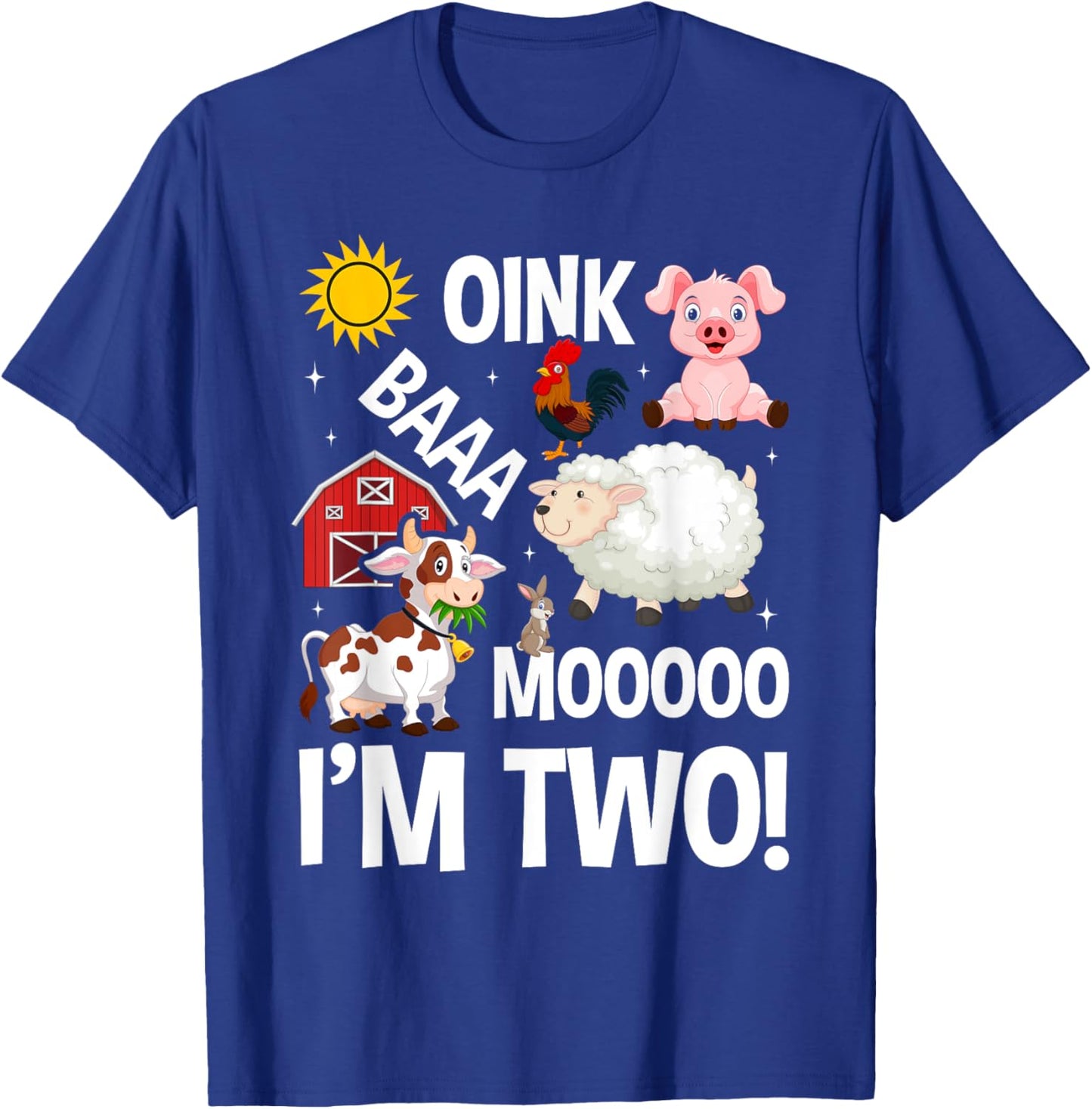 Farm Animals 2nd Birthday 2 Year Old Birthday Party T-Shirt - T-Shirt | Royal