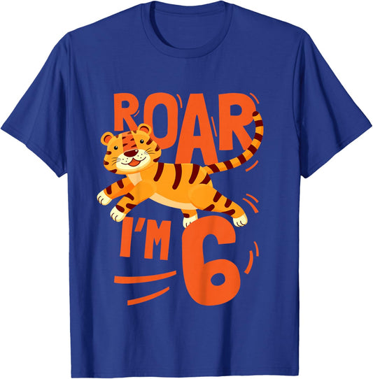 Kids Tiger 6th Birthday Jungle Party Tiger Age 6 Wild Animal T-Shirt - T-Shirt | Royal