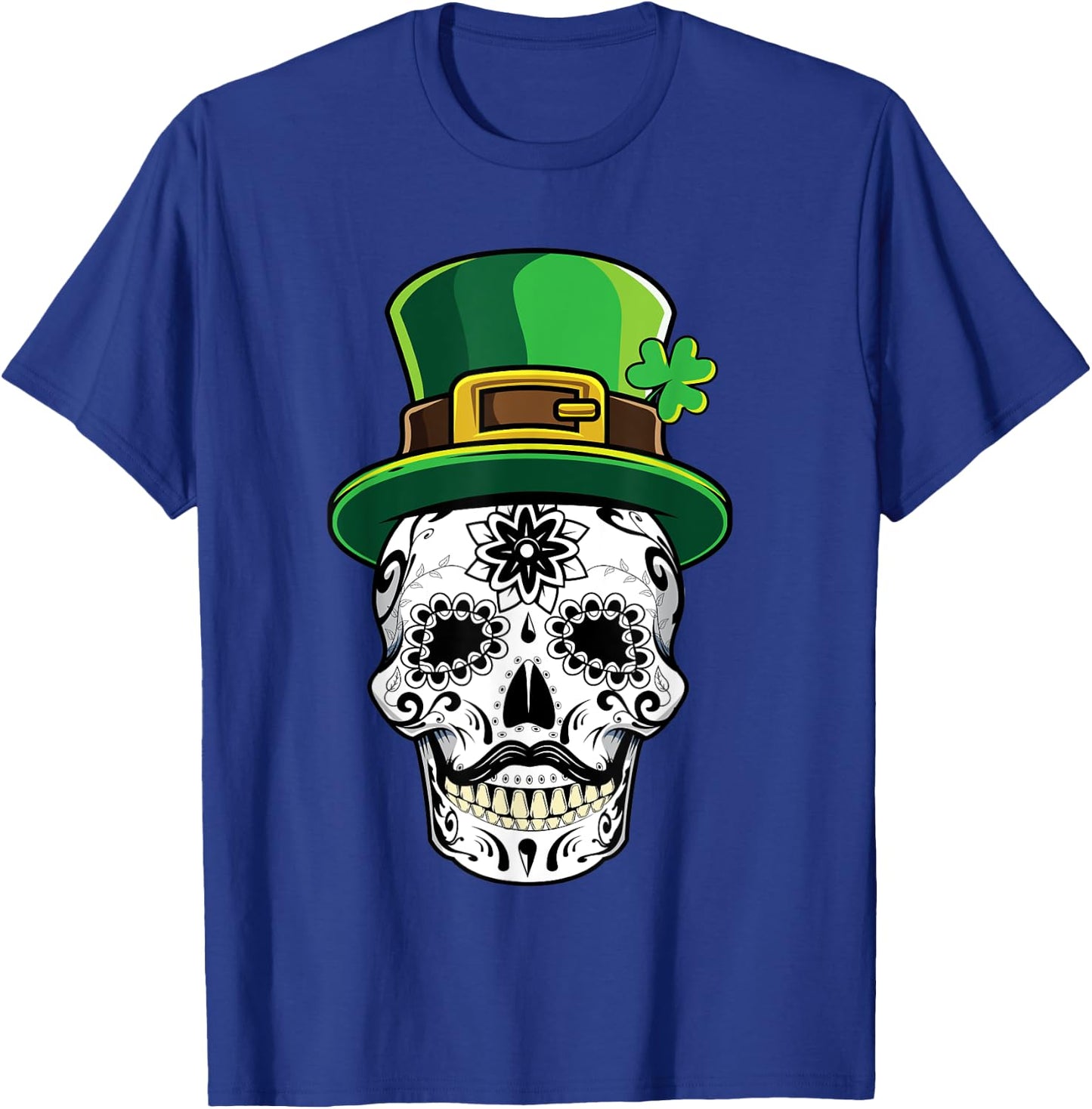Four Leaf Clover Shamrock Sugar Skull St Patricks Day Gift T-Shirt - T-Shirt | Royal