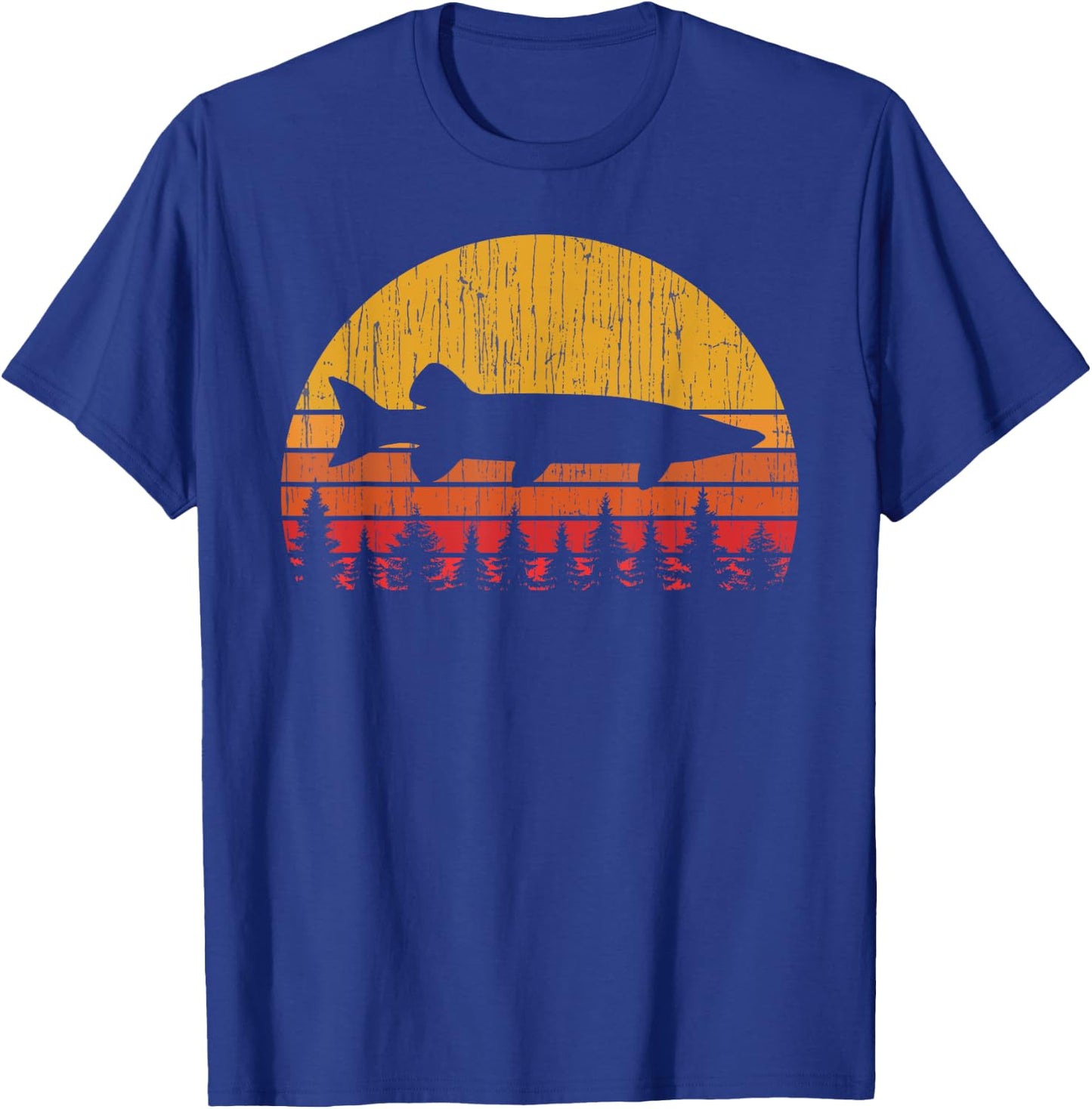 Muskie Fishing Retro Musky Fisherman Treeline Sunset T-Shirt - T-Shirt | Royal