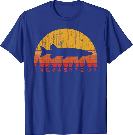 Muskie Fishing Retro Musky Fisherman Treeline Sunset T-Shirt - T-Shirt | Royal