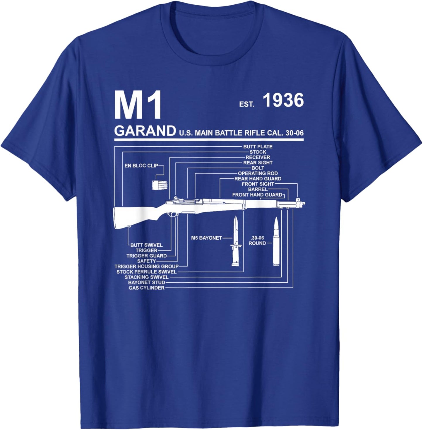 Dinosaurus Rekx M1 Garand Rifle Gun WWII Graphic - Black, , Short Sleeve, Classic Fit, Cotton 65% Polyester 35%, Small T-Shirt - T-Shirt | Royal