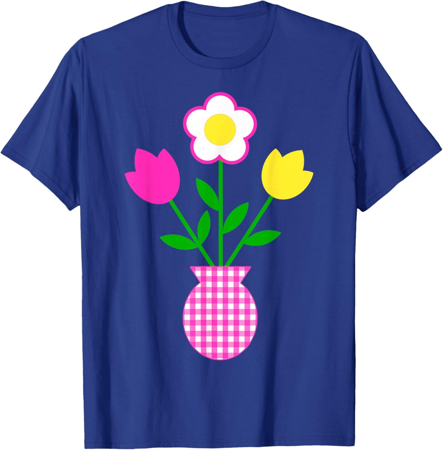 Pink Yellow White Flowers in Tartan Pattern Pot Shapes Mania T-Shirt - T-Shirt | Royal