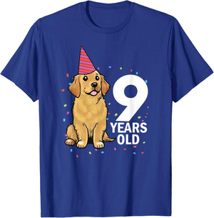 Cute 9 Years Old Birthday Golden Retriever Dog 9th Party Kid T-Shirt - T-Shirt | Royal