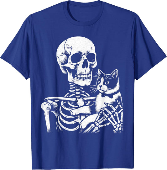 Skeleton Holding A Tuxedo Cat Lazy Halloween Costume Skull Women Kids T-Shirt - T-Shirt | Royal
