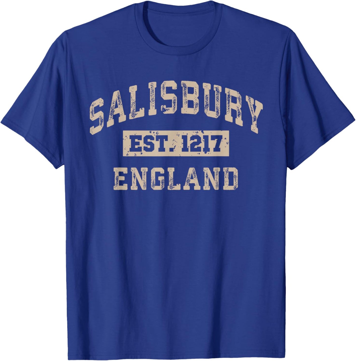 Salisbury England UK Est. Year Athletic Beige Distressed T-Shirt - T-Shirt | Royal