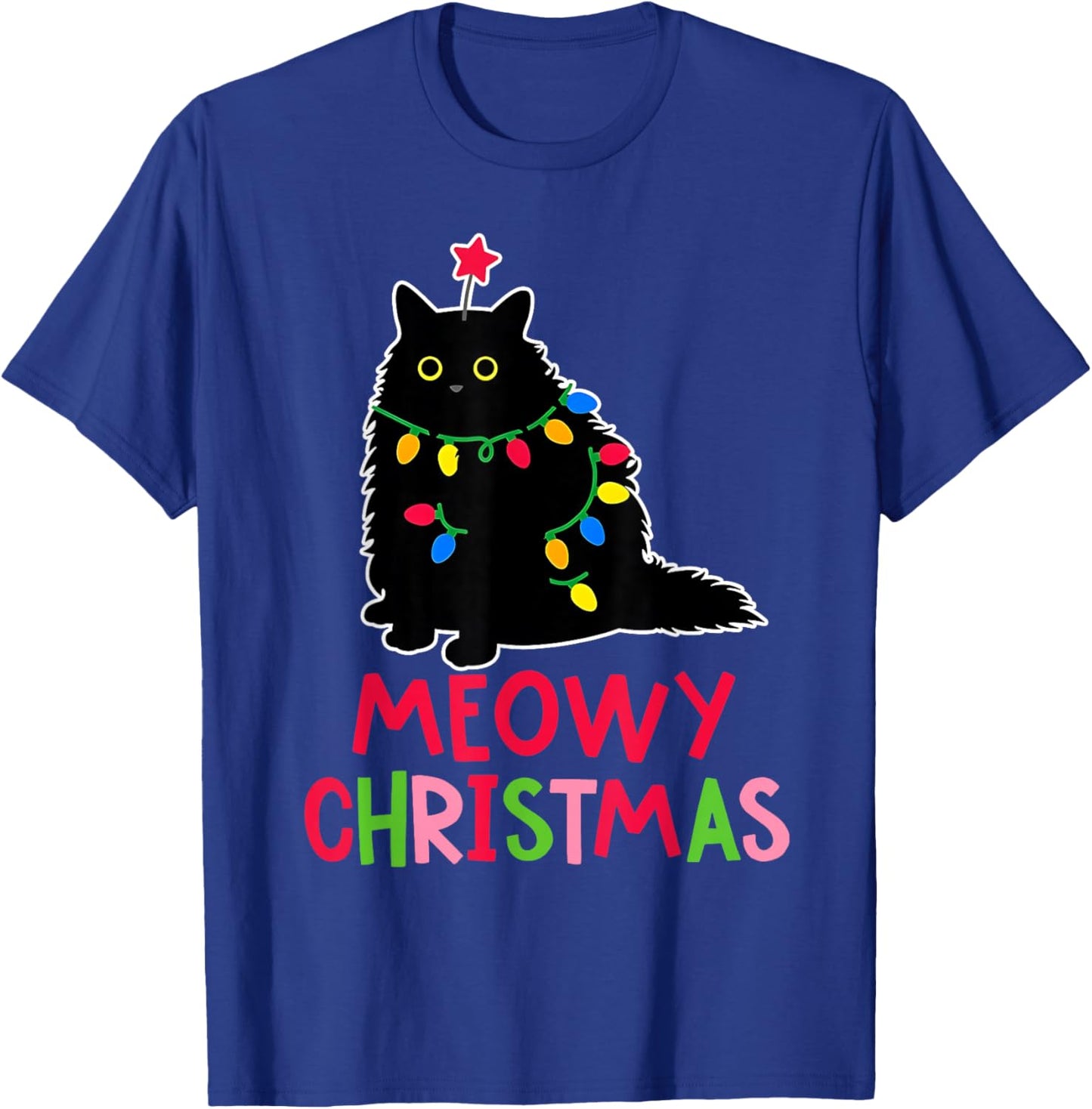 Meowy Christmas Xmas Lights Black Cat Pajamas Family Funny T-Shirt - T-Shirt | Royal