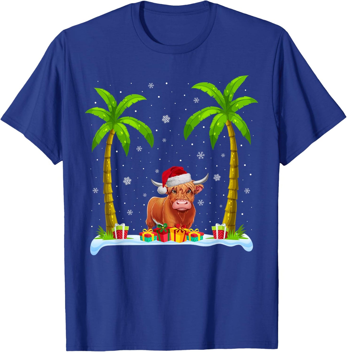 Highland Cow Santa Hat Palm Tree Beach Xmas Pajama T-Shirt - T-Shirt | Royal