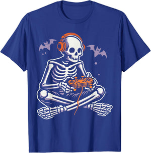 Spooky Skeleton Playing Video Games, Halloween Day Gamer T-Shirt - T-Shirt | Royal