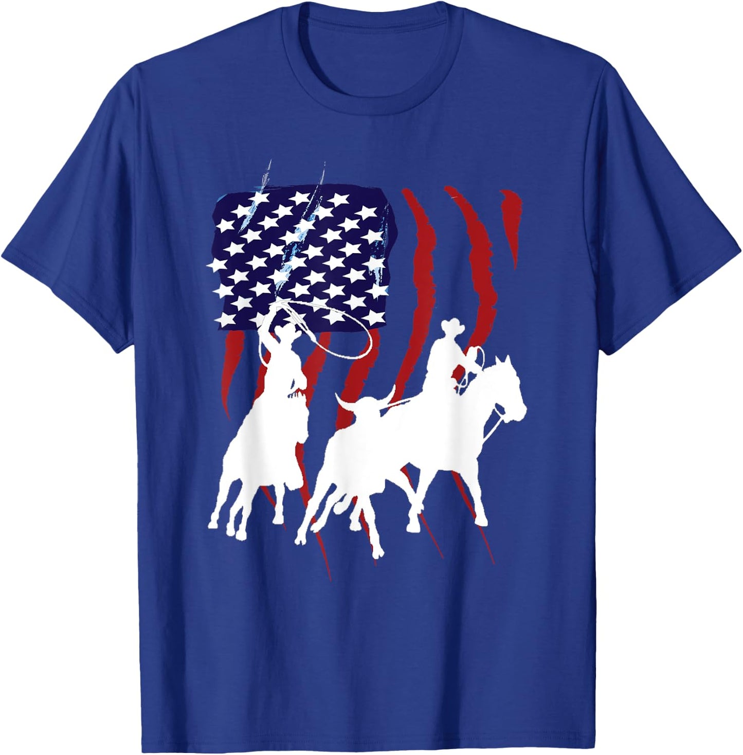 Rodeo Team Roping Distressed Grunge Cowboy American Flag T-Shirt - T-Shirt | Royal