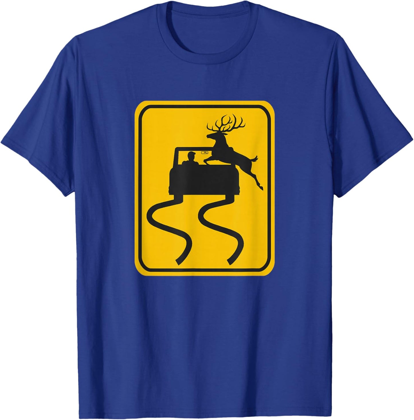 Swerving Car Meets Deer Crossing Road Sign T-Shirt - T-Shirt | Royal