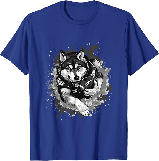 Husky Dog Animal Playing American Football Sports Women Girls Kids T-Shirt - T-Shirt | Royal