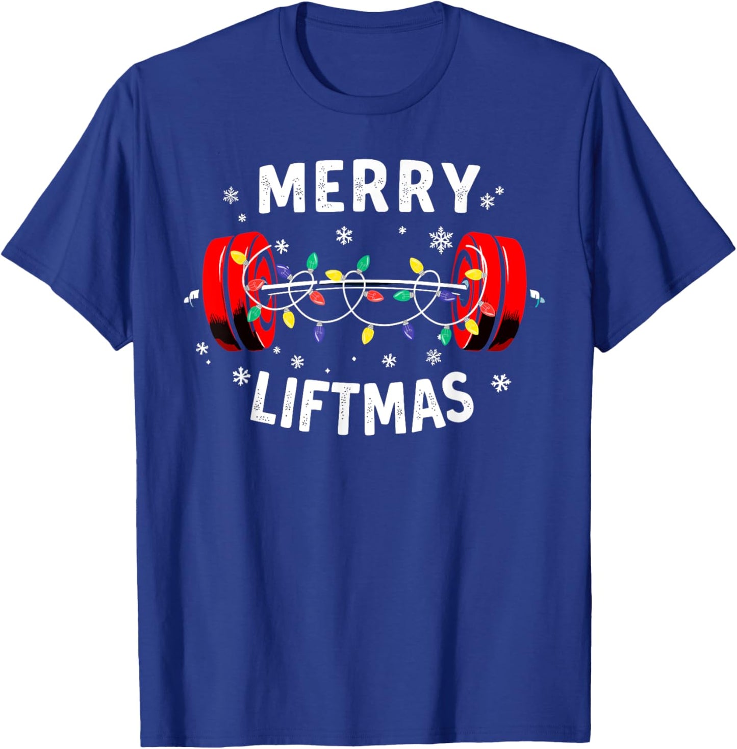 Merry Liftmas Barbell Christmas Tree Lights Weightlifting T-Shirt - T-Shirt | Royal
