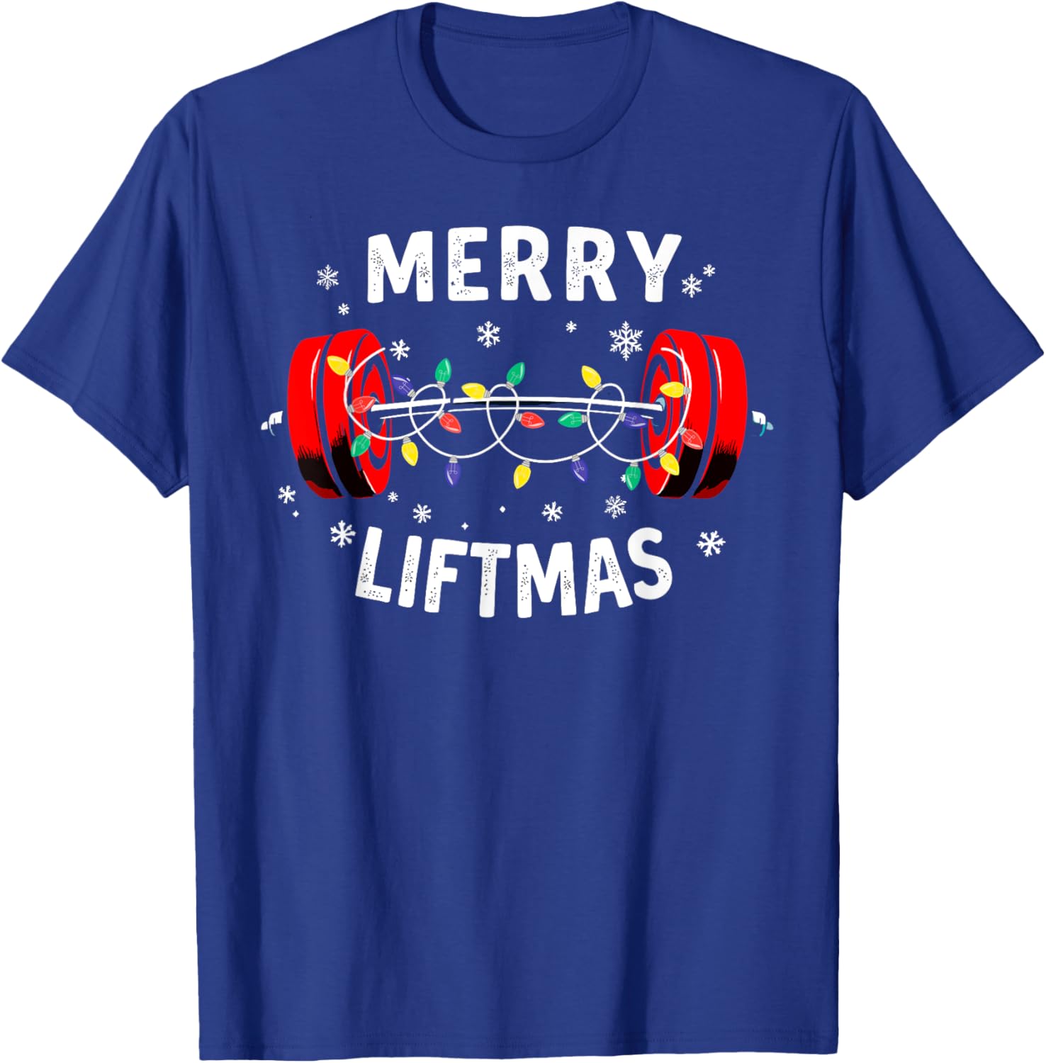 Merry Liftmas Barbell Christmas Tree Lights Weightlifting T-Shirt - T-Shirt | Royal