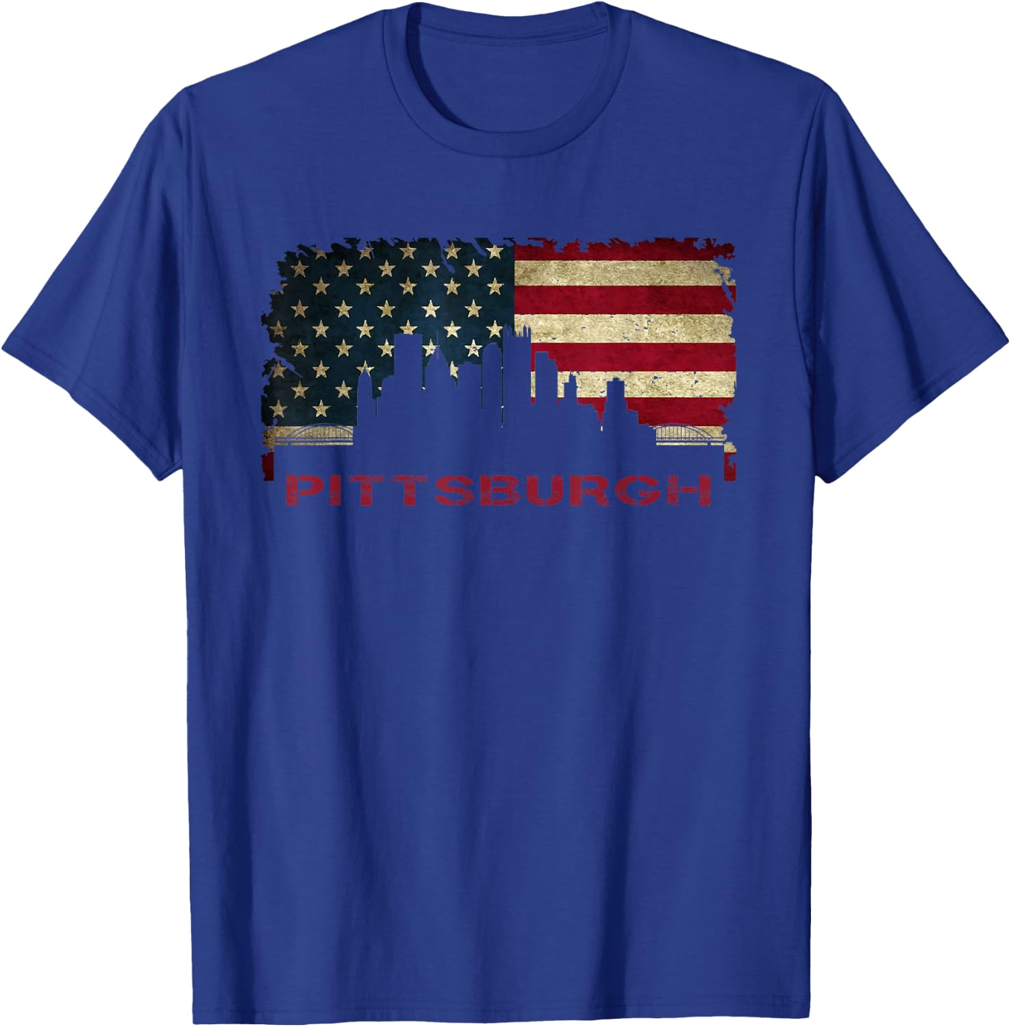 Pittsburgh City Skyline Art USA Flag Steel City American T-Shirt - T-Shirt | Royal
