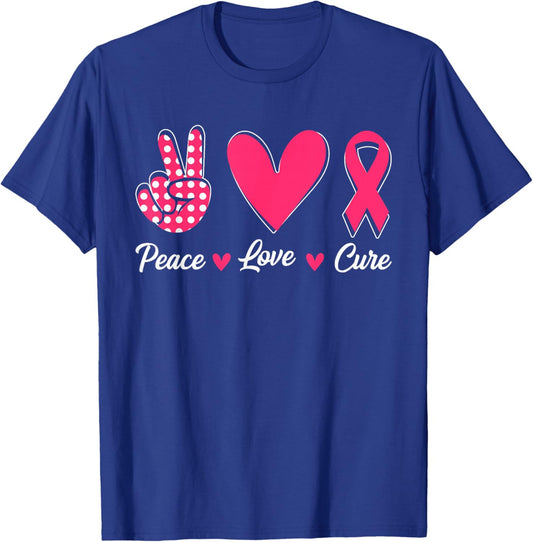 Peace Love Cure Heart Pink Ribbon Breast Cancer Awareness T-Shirt - T-Shirt | Royal