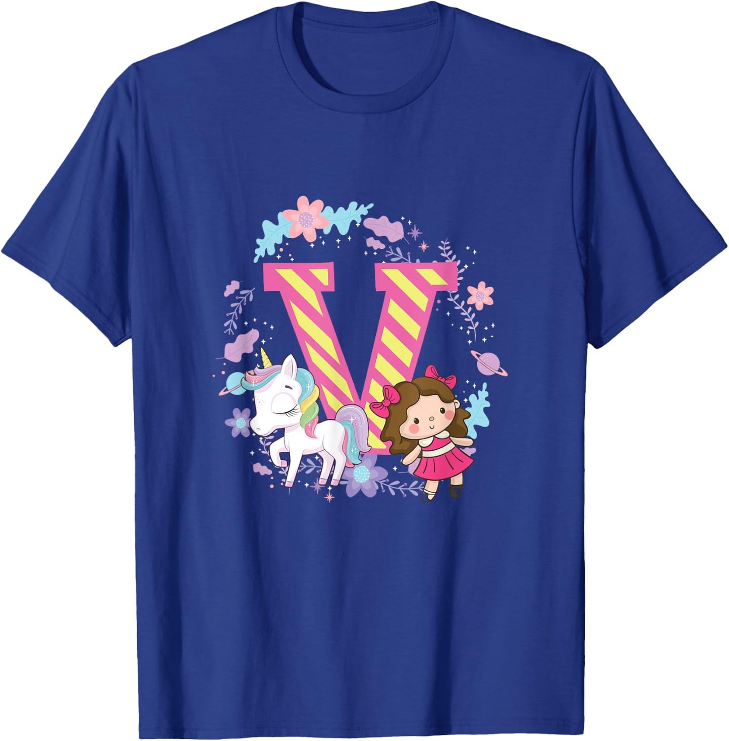 Letter V Sign Alphabet Last Name Consonants Unicorn Gift T-Shirt - T-Shirt | Royal