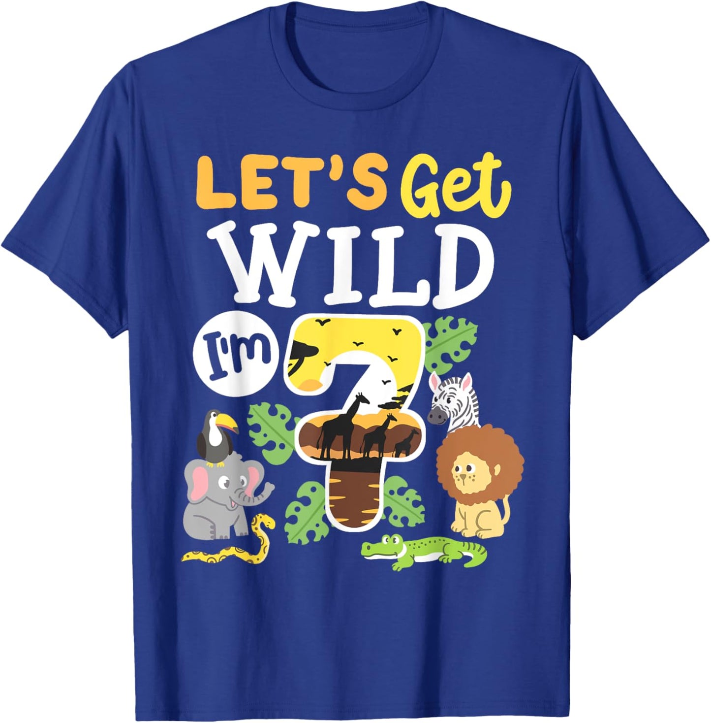 Jungle Safari Let's Get Wild 7th Birthday Zoo 7 Year Old Kid T-Shirt - T-Shirt | Royal