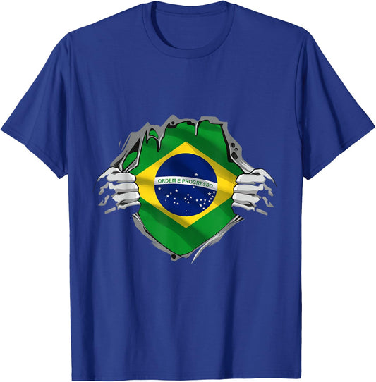 Superhero Brazil Flag Brazilian Hands Opening Shirt Chest T-Shirt - T-Shirt | Royal