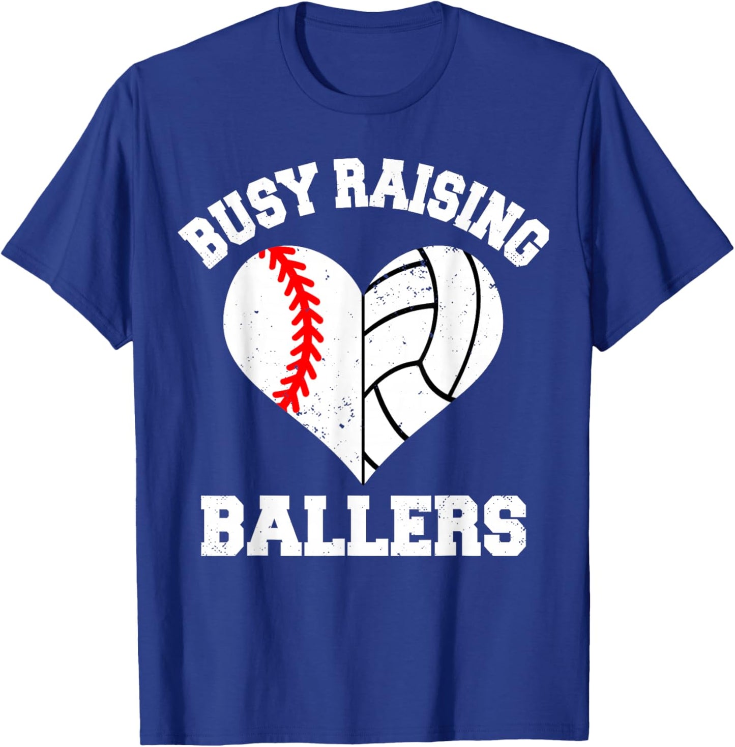 Busy Raising Ballers Baseball Volleyball Heart Mom Game Day T-Shirt - T-Shirt | Royal