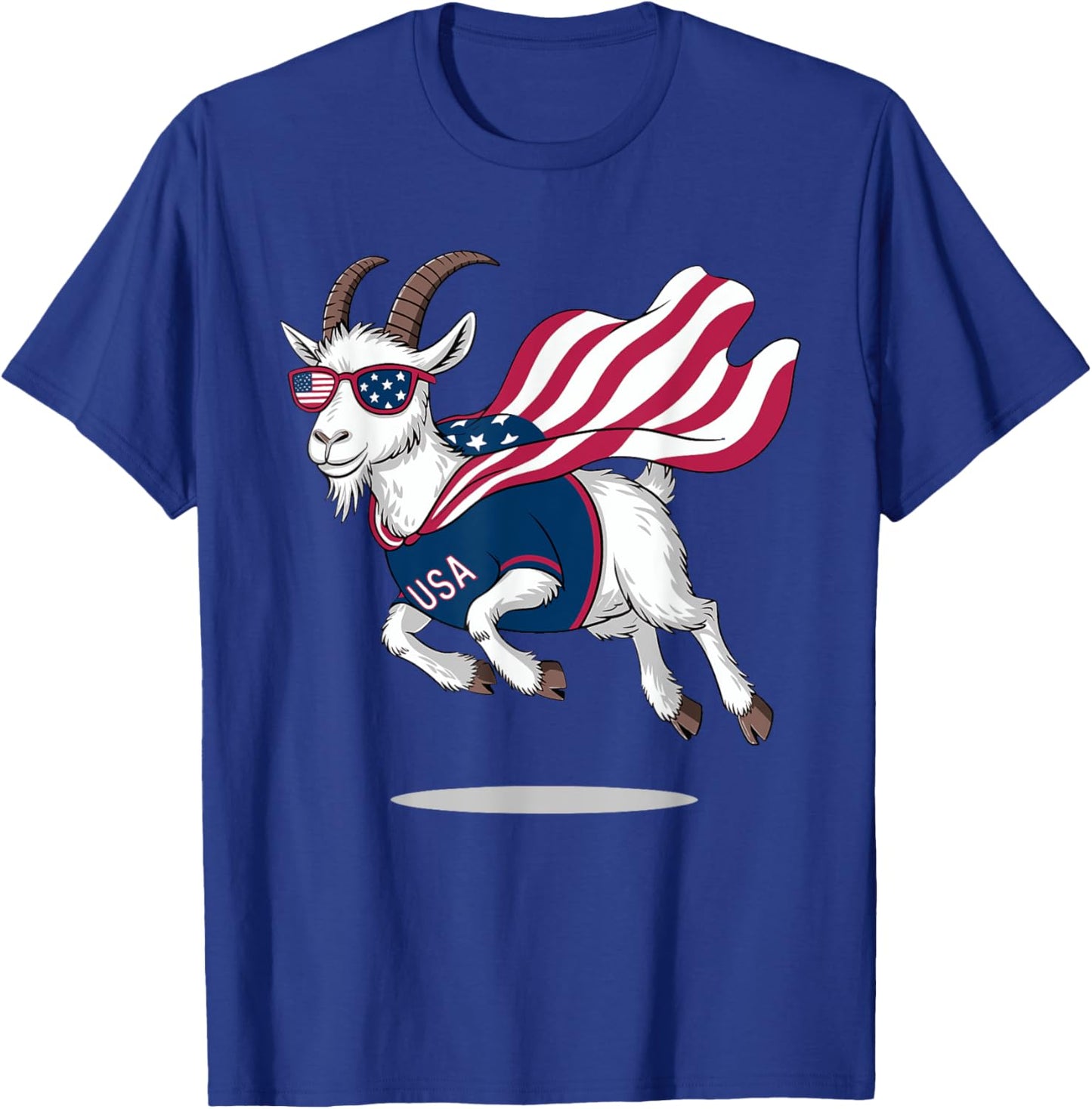 Cool Patriotic Goat in American Flag Cape with Sunglasses T-Shirt - T-Shirt | Royal