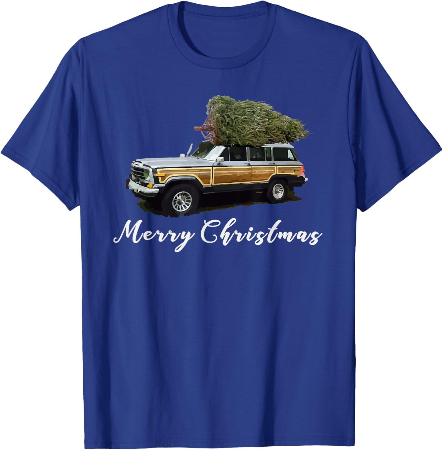 Vintage Surf Wagon SUV Merry Christmas Tree on a Truck T-Shirt - T-Shirt | Royal