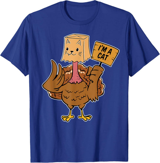 Meow Im A Cat Turkey Shirt Women Kids Boy Men Thanksgiving Turkey Cat Meow Funny -Adults -Kids Black T-Shirt - T-Shirt | Royal