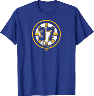 Patrice Bergeron: 37 - Boston Hockey T-Shirt - T-Shirt | Royal