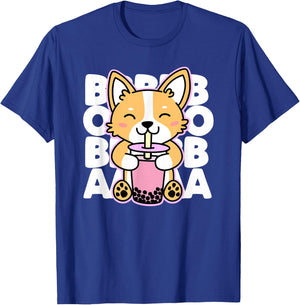 Kawaii Boba Cute Anime Dog Corgi Bubble Tea Drink Dark T-Shirt - T-Shirt | Royal