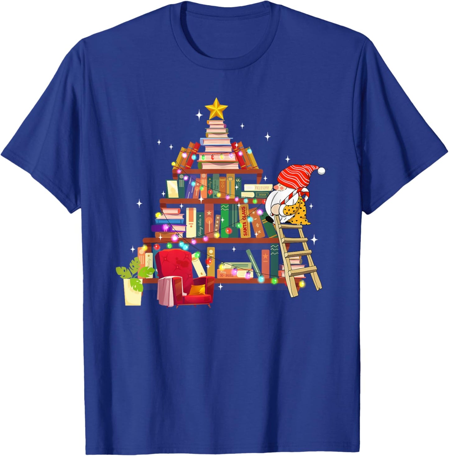 Librarian And Book Lover Christmas Library Tree Lights Gnome T-Shirt - T-Shirt | Royal