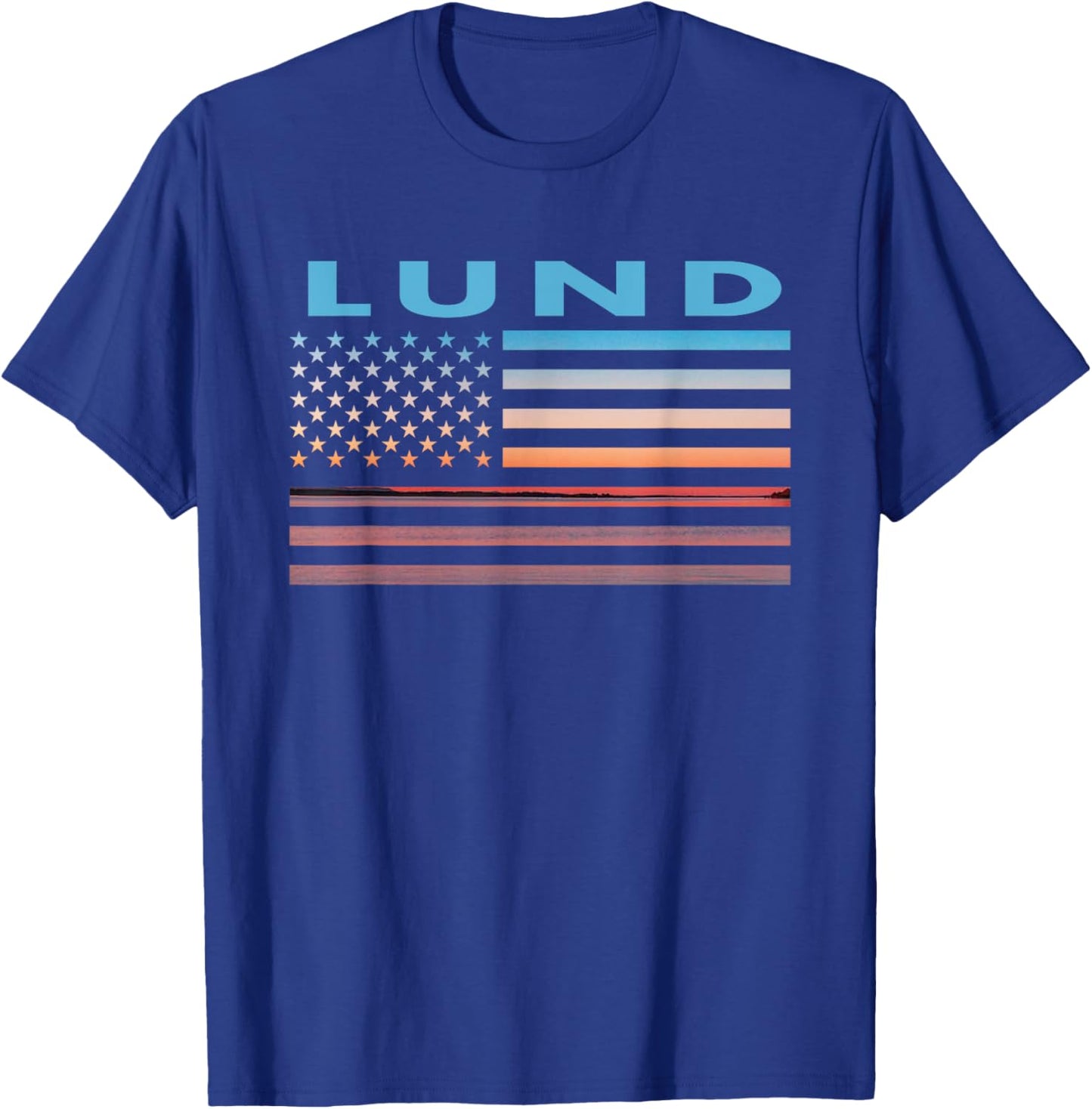 Vintage Sunset American Flag Lund, Wisconsin T-Shirt - T-Shirt | Royal