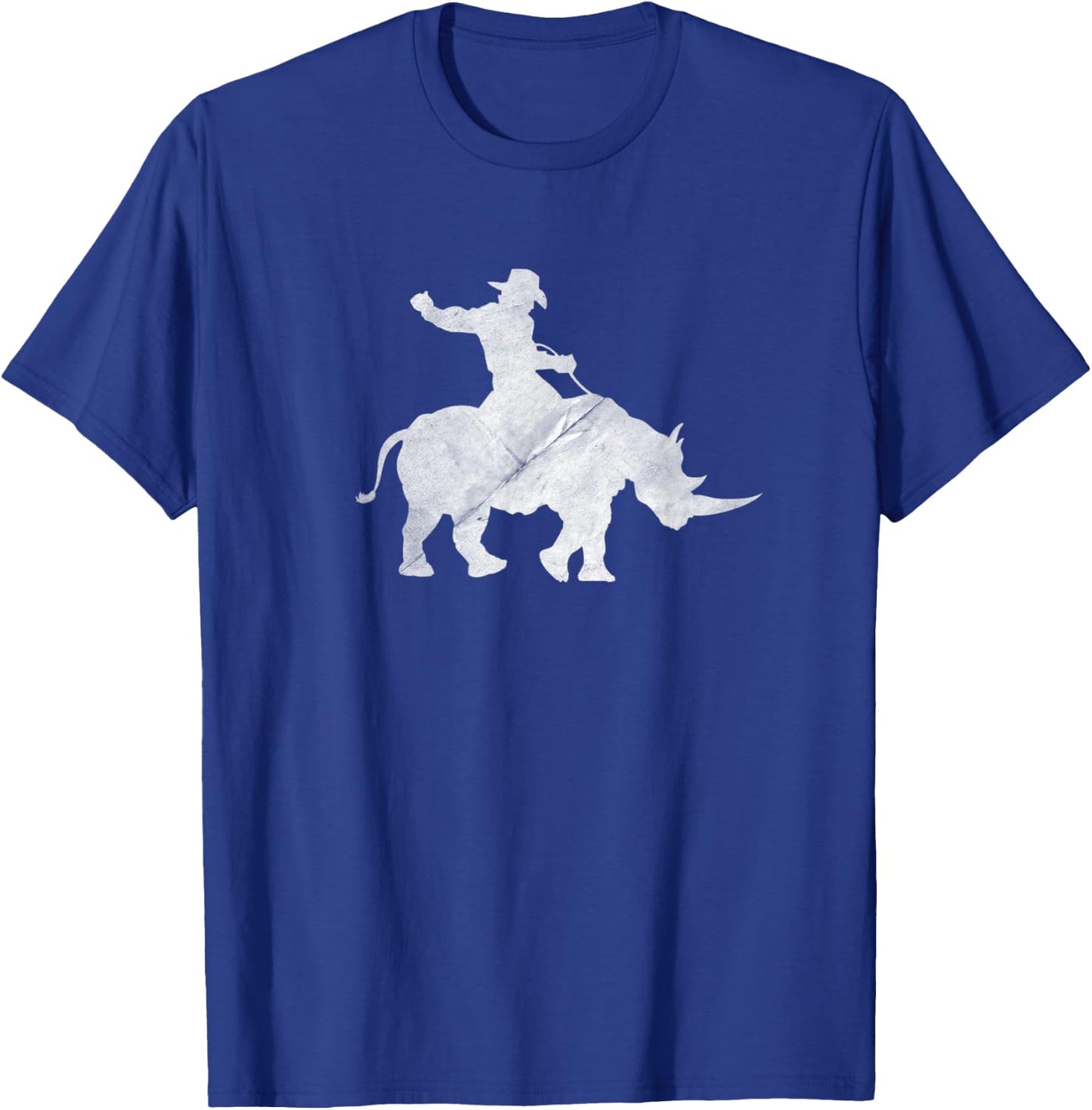 Cowboy Riding a Rhinoceros Rino Distressed T-Shirt - T-Shirt | Royal