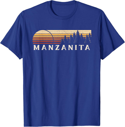 Manzanita, CA Vintage Evergreen Sunset Eighties Retro T-Shirt - T-Shirt | Royal