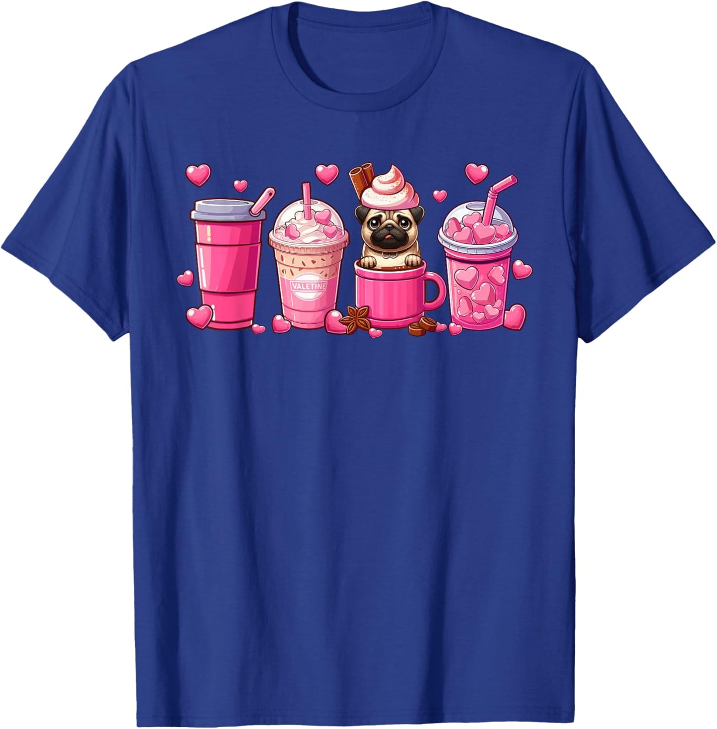 Pug Inside Cup Coffees Lover Valentine's Day Hearts T-Shirt - T-Shirt | Royal