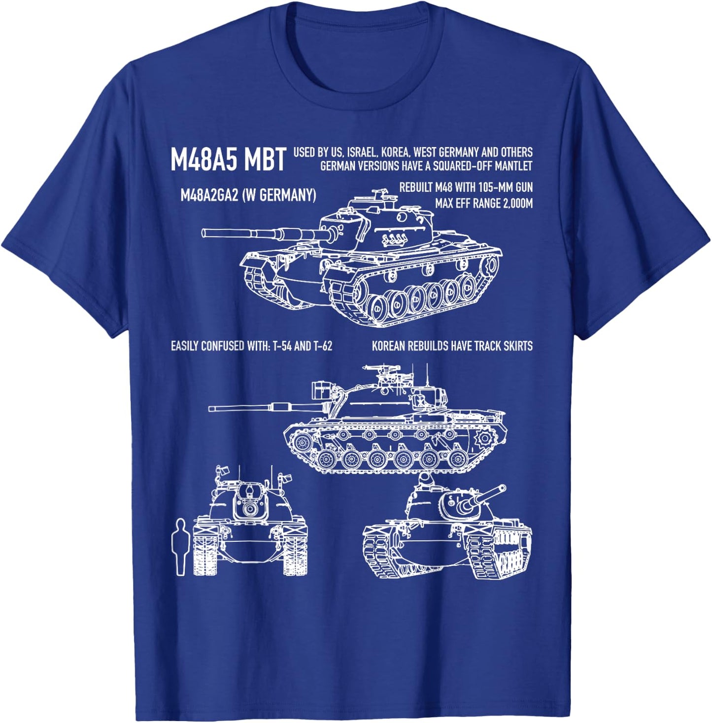 M48 A5 Patton Tank American Blueprint Diagram T-Shirt - T-Shirt | Royal