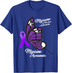 Migraine Awareness Not Just Headache Purple Ribbon Butterfly T-Shirt - T-Shirt | Royal