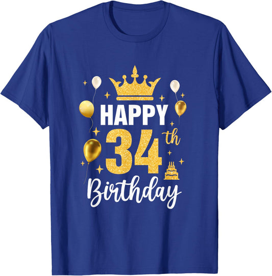 Happy 34Th Birthday Idea For 34 Years Old Man And Woman T-Shirt - T-Shirt | Royal