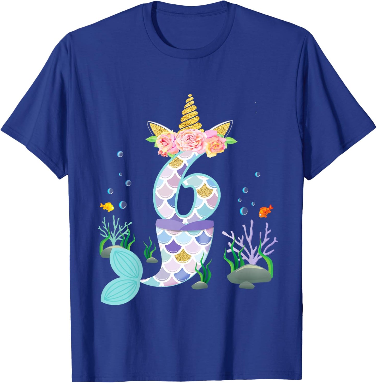 6 Year Old Unicorn Mermaid Birthday Tail Girl Theme 6th Gift T-Shirt - T-Shirt | Royal