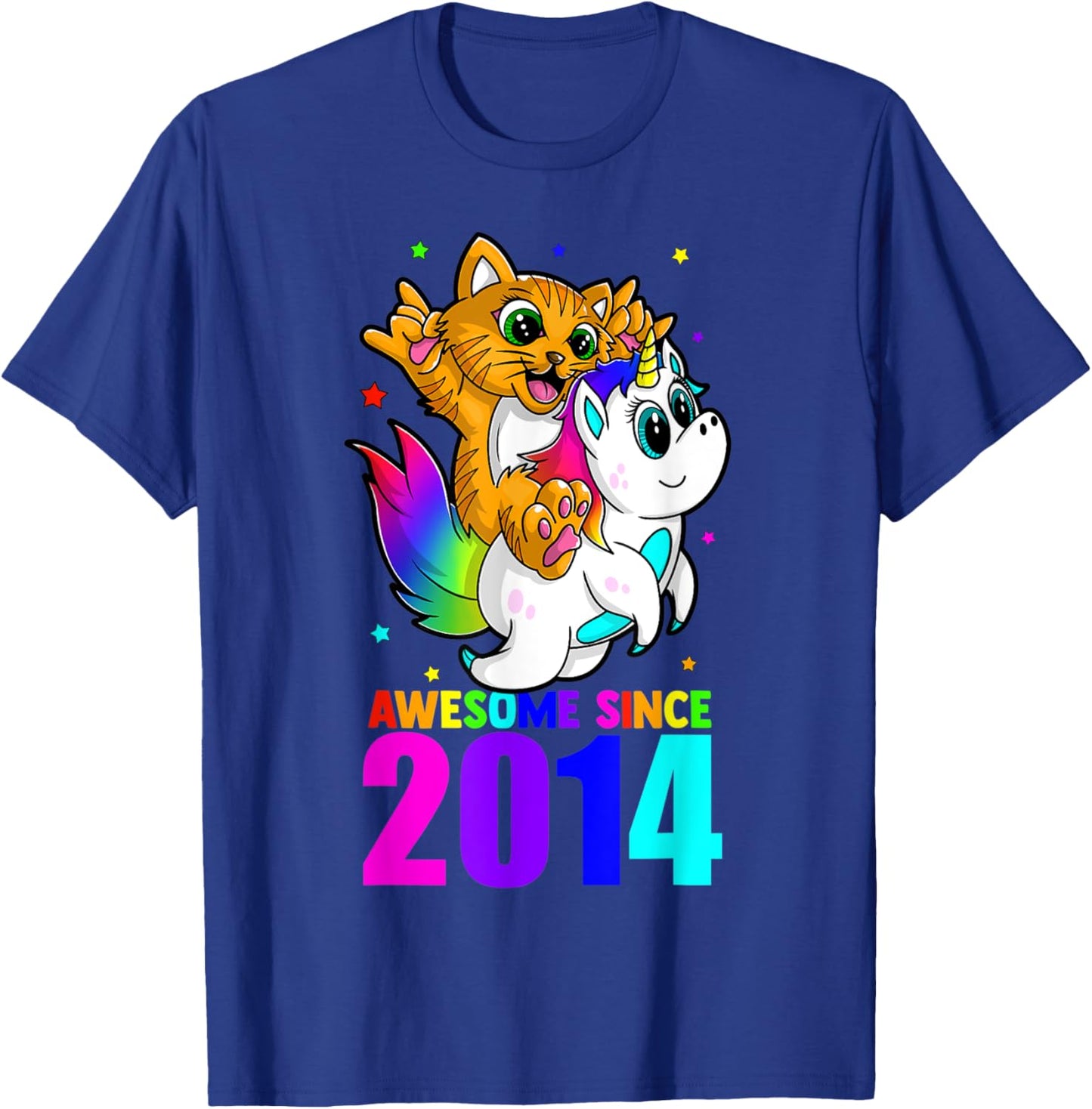 Awesome Since 2014 Unicorn Cat Birthday Girl Boys Cute Kids T-Shirt - T-Shirt | Royal