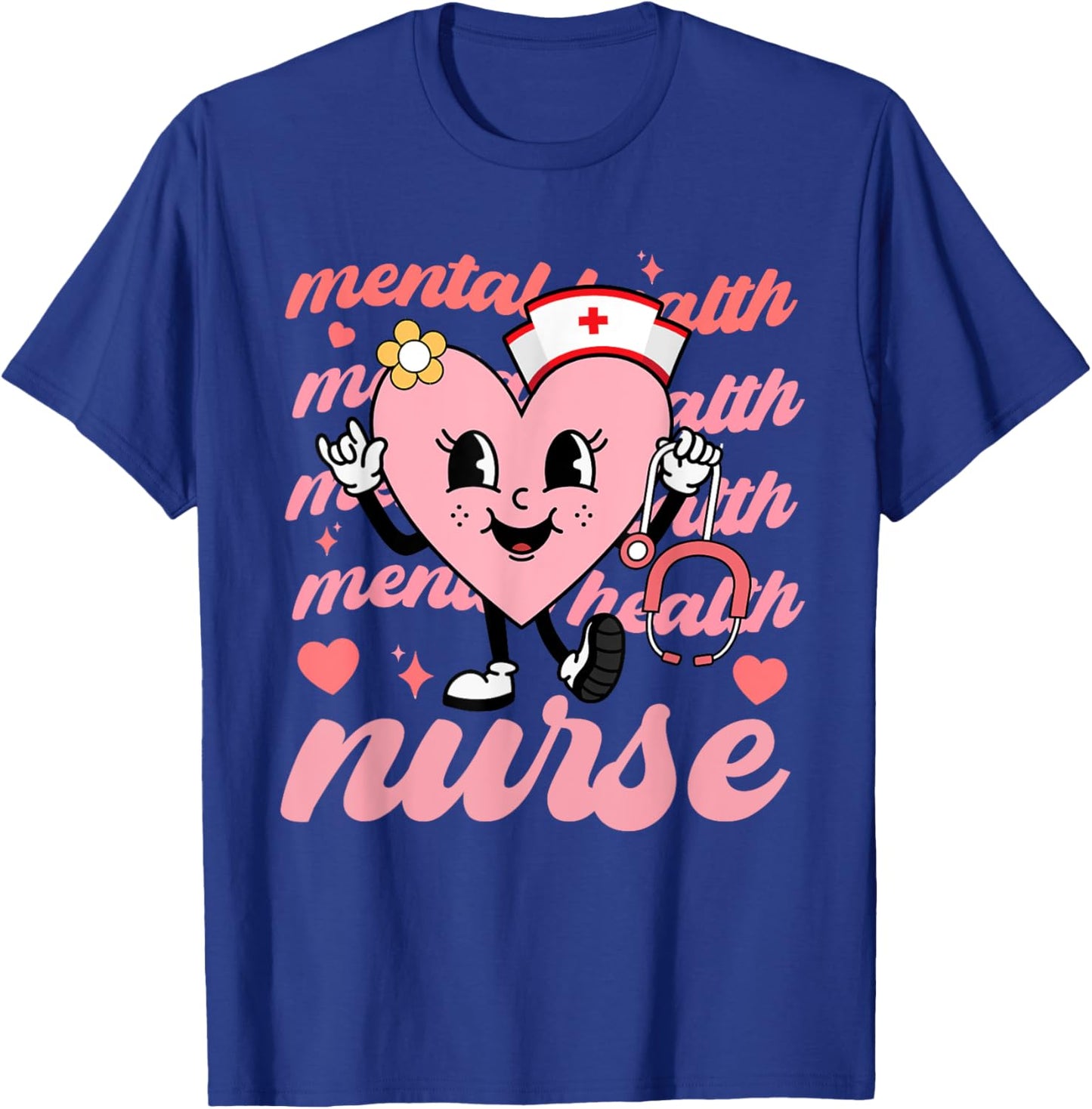 Retro Mental Health Nurse Valentines Day Hearts Stethoscope T-Shirt - T-Shirt | Royal