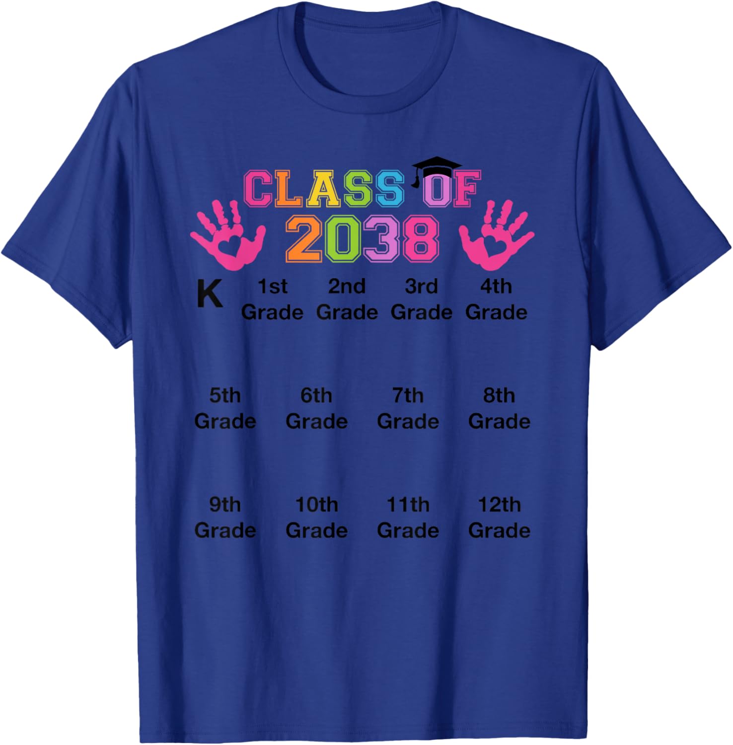 Class of 2038 Handprint Grow with Me Kindergarten to 12th T-Shirt - T-Shirt | Royal