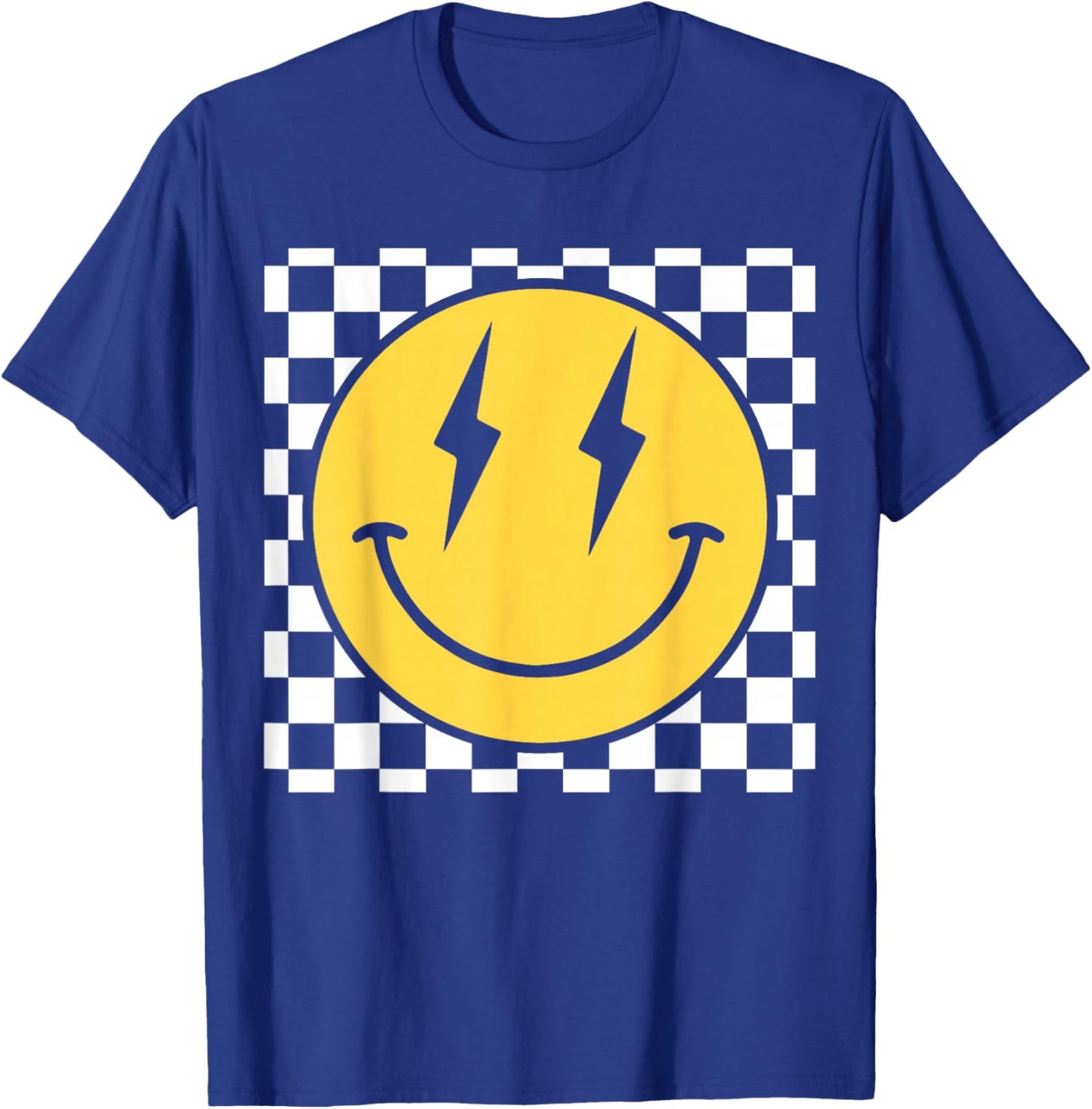 Retro Happy Face Distressed Checkered Pattern Smile Face T-Shirt - T-Shirt | Royal