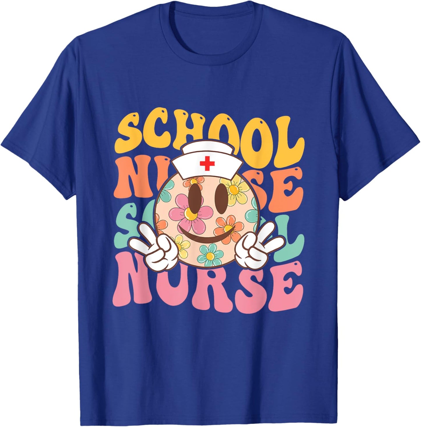 Retro groovy Smile face School Nurse back to school women T-Shirt - T-Shirt | Royal